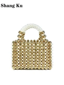 Gold Fashionable Beaded Square Handbag - Gold - View 1