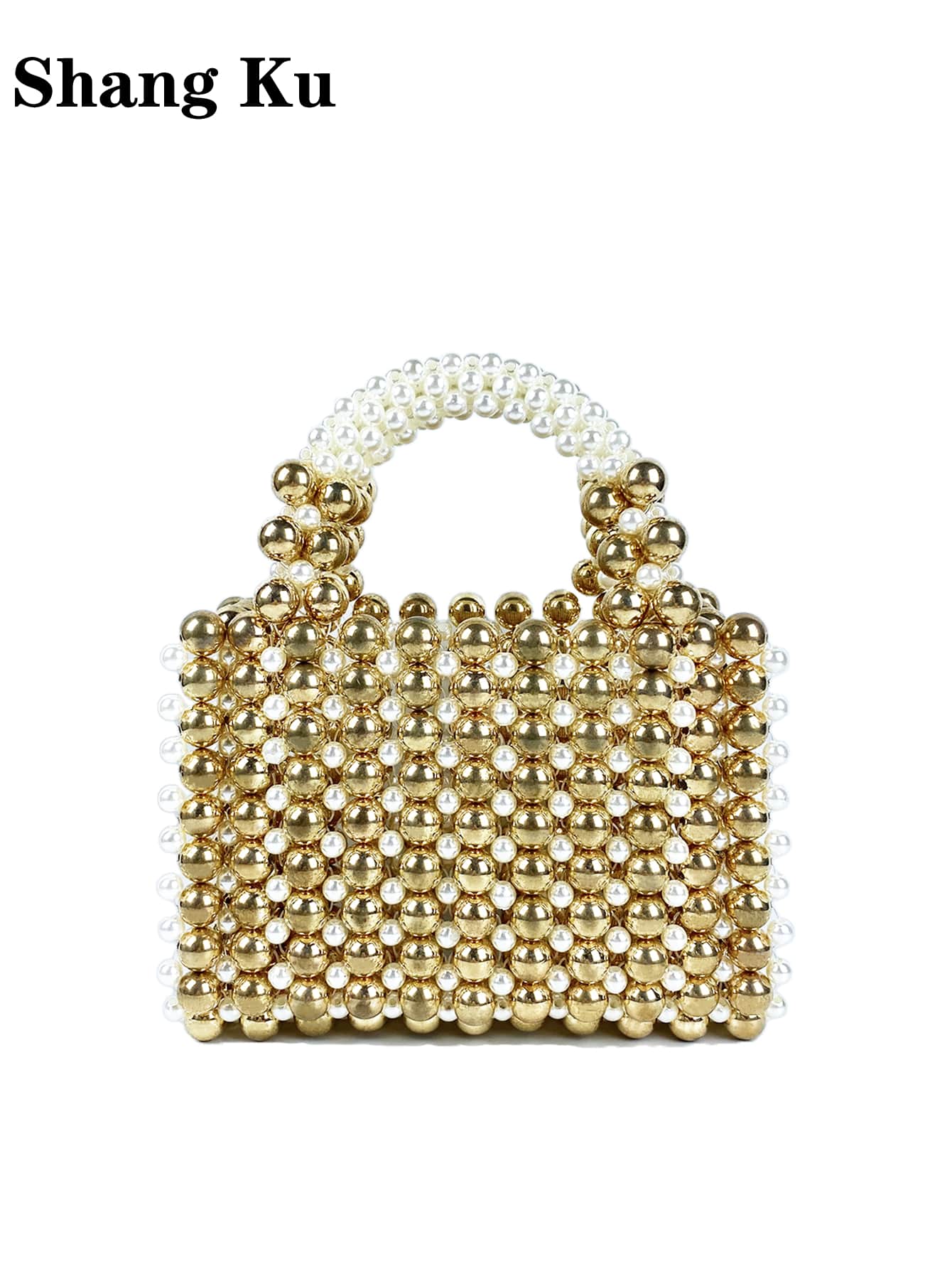 Gold Fashionable Beaded Square Handbag - Gold - View 1