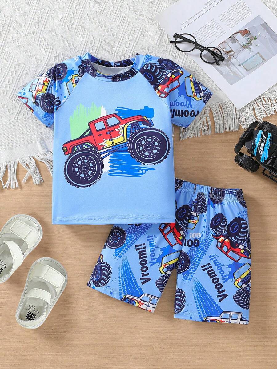 Summer Young Boy 2pcs Beach Holiday Swimsuit Set - Blue - View 1