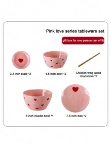 1 Set Pink Heart-Shaped Ceramic Dinnerware Set, Highly Attractive Ins Household Tableware, Including 3.3-Inch Dish, 4.5-Inch Bowl, Heart-Shaped Spoon, Handled Cup, 6-Inch Noodle Bowl, 7.8-Inch Plate, Chopsticks; Ideal Housewarming Gift With Creativity And Aesthetic Appearance School Supplies,Christmas Gift