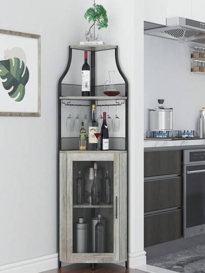 Corner Bar Cabinet, Corner Wine Rack With Glass Holder, Liquor Bar Cabinet With Storage Shelves And Mesh Door, Industrial Wine Cabinet, Home Bar Furniture For Liquor And Wine Storage