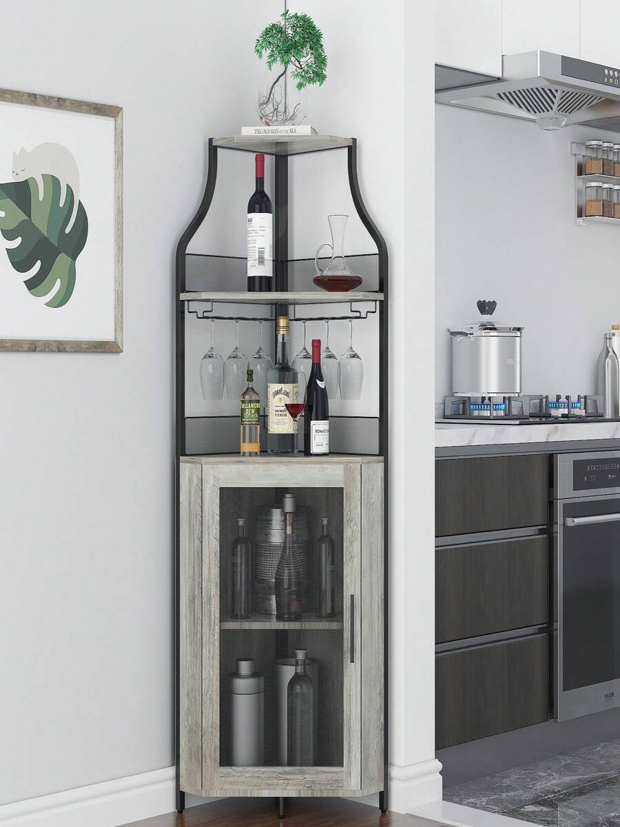 Corner Bar Cabinet, Corner Wine Rack With Glass Holder, Liquor Bar Cabinet With Storage Shelves And Mesh Door, Industrial Wine Cabinet, Home Bar Furniture For Liquor And Wine Storage - Grey - View 1