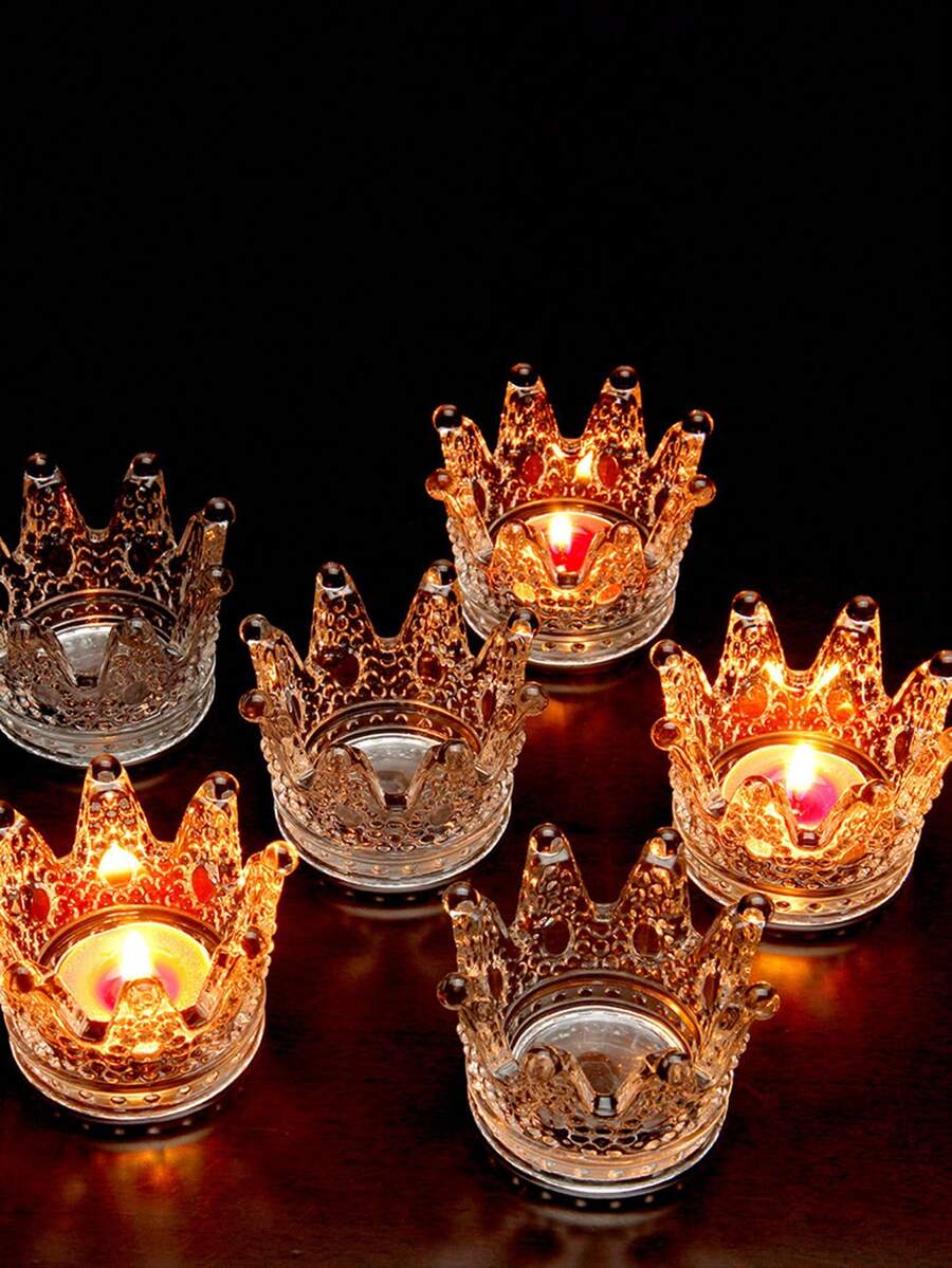 奢華歐式蠟燭臺創意裝飾品，透明玻璃皇冠造型燭臺，適用於客廳/辦公室裝飾 - 金色 - 查看 1