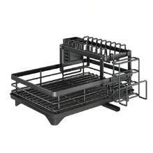 Gran rejilla de secado de platos para encimera de cocina, organizador desmontable de gran capacidad para escurridor de platos con soporte para utensilios, rejilla de secado de platos de 2 niveles con tabla de drenaje, negro, almacenamiento y organización de cocina, organizador, decoración