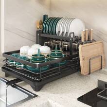 Gran rejilla de secado de platos para encimera de cocina, organizador desmontable de gran capacidad para escurridor de platos con soporte para utensilios, rejilla de secado de platos de 2 niveles con tabla de drenaje, negro, almacenamiento y organización de cocina, organizador, decoración