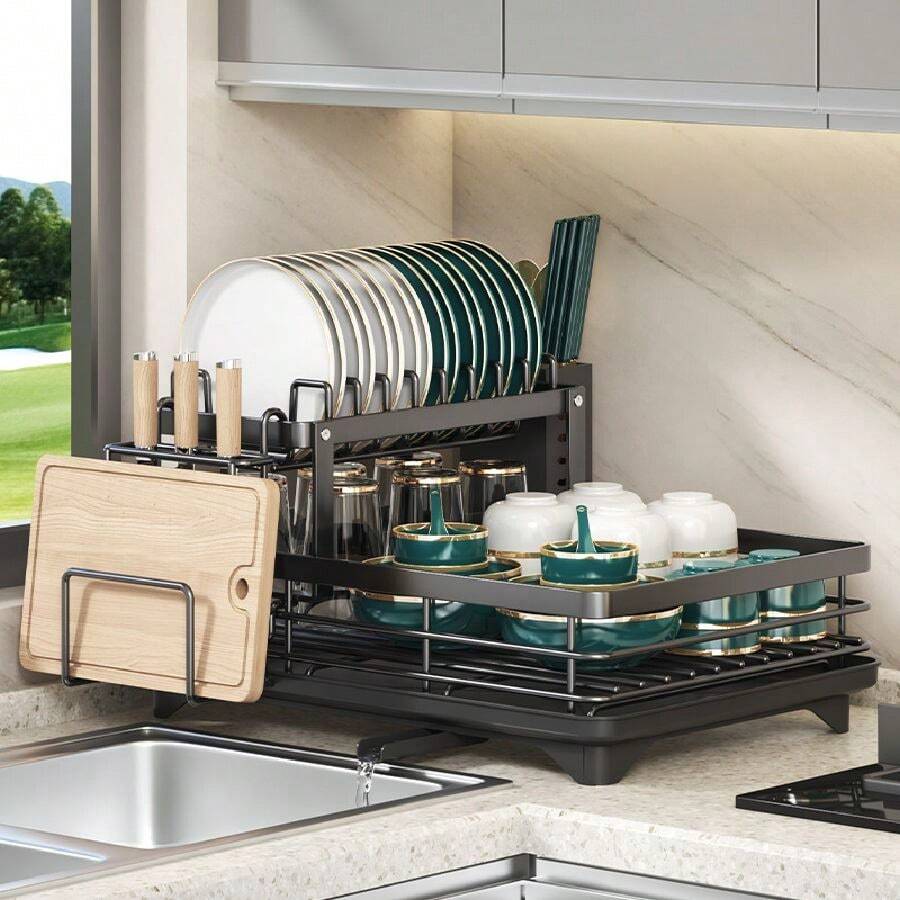 Gran rejilla de secado de platos para encimera de cocina, organizador desmontable de gran capacidad para escurridor de platos con soporte para utensilios, rejilla de secado de platos de 2 niveles con tabla de drenaje, negro, almacenamiento y organización de cocina, organizador, decoración