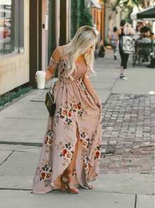 Vestido con estampado floral elegante vestido de hombros descubiertos moda para mujer - Caqui - Ver 10