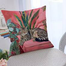 1pc Cat & Greenery Watercolor Printed Pillow Case, Home Decorative Cushion Cover For Sofa