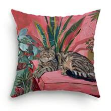 1pc Cat & Greenery Watercolor Printed Pillow Case, Home Decorative Cushion Cover For Sofa