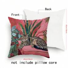 1pc Cat & Greenery Watercolor Printed Pillow Case, Home Decorative Cushion Cover For Sofa