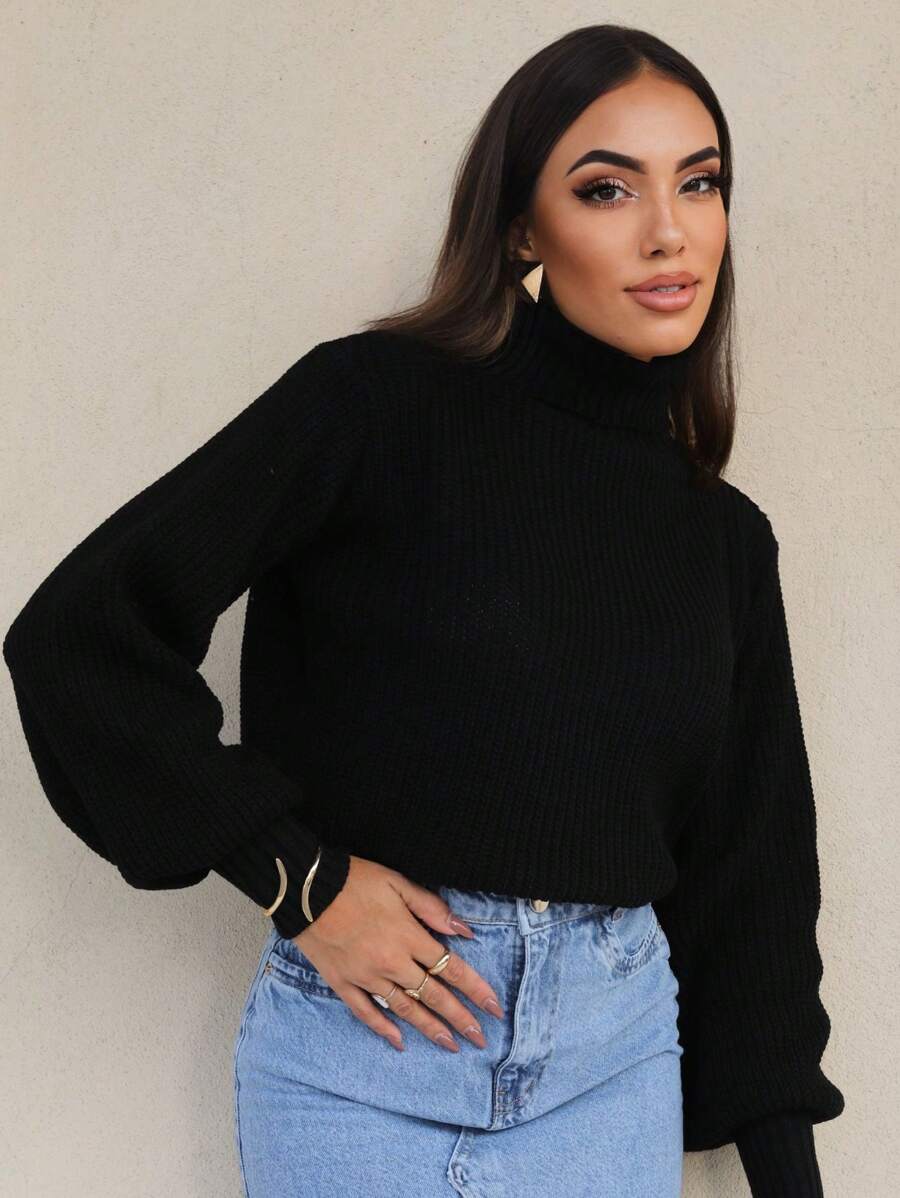 Cropped Tricô Cacharrel Manga Longa Casual - Preto - Visão 1