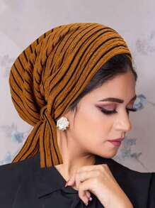 1 pièce Turban musulman avec longue queue et motif de vague de bandeau, bonnet de chimiothérapie pour femmes