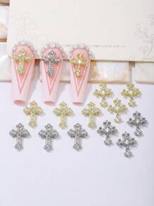 10 piezas/50 piezas Decoraciones de uñas de metal con cruz vintage en oro y plata, Accesorios de uñas DIY con brillos metálicos y rhinestones estilo Y2K, Adecuado para mujeres y niñas, Suministros de arte de uñas, Pegatinas de uñas, Joyería de uñas, Gemas de uñas - Multicolor - Ver 4