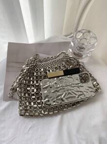 Metallic Hollow Out Pleated Handmade Beaded Shoulder Evening Bag - Silver - View 2