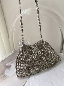 Metallic Hollow Out Pleated Handmade Beaded Shoulder Evening Bag - Silver - View 5