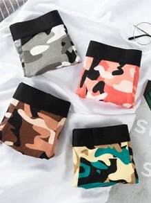 4pcs/Pack Men's Printed Camouflage Briefs, Elastic Breathable Boxer Shorts, Comfortable