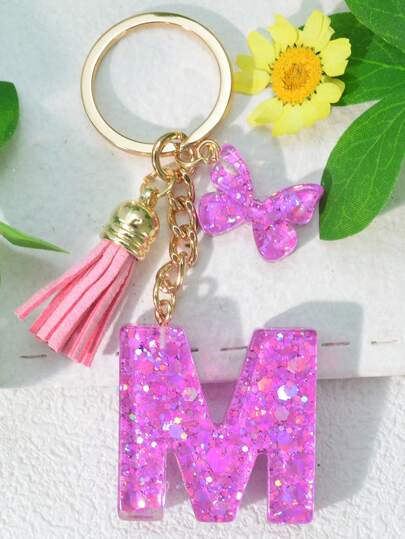 1pc Initial Letter English Alphabet Keychain With Snowflake Shaped Resin Pendant Women's Handbag Charm Butterfly Tassel Decoration Gift Car Accessories Backpack For School