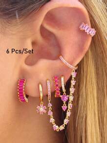 6Pcs Lovely Gold Plated Cubic Zirconia Dangle Earrings For Women Pink Zirconia Flower Hoop Earrings Set Fashion Jewelry