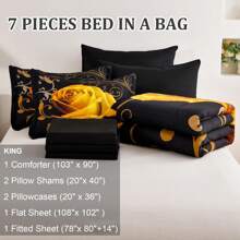 7 Pieces Yellow Comforter Set Queen King Size , Rose Pattern Bed In A Bag, Lightweight Soft Microfiber Bedding Sets With Comforter, Flat Sheet, Fitted Sheet, Pillowcases Home Decor Room Decor Bedroom Decor Bed Comforter Set Mothers Day Gift Wedding Decorations. - 黃色 - 查看 7