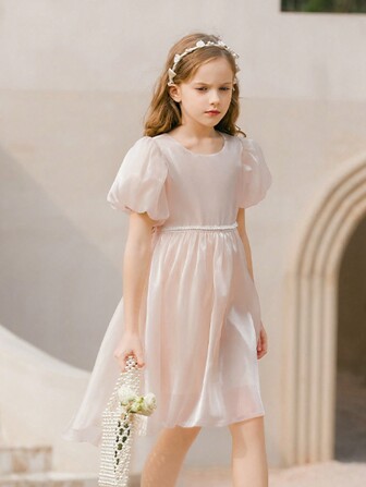 少女假珍珠腰帶泡泡袖閃亮連衣裙，夏季公主派對正式裙