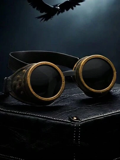 Gafas redondas steampunk negras, perfectas como accesorios de disfraz, gafas de moda gótica para hombres, gafas para fiestas callejeras, accesorios de playa para Halloween, vacaciones de verano en la playa, actividades al aire viajes