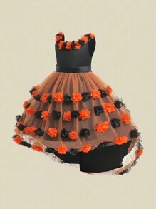 Falda de satén y tul para niñas jóvenes decorada con flores 3D y borde de encaje, vestido elegante y adecuado para fiestas de cumpleaños - Multicolor - Ver 1