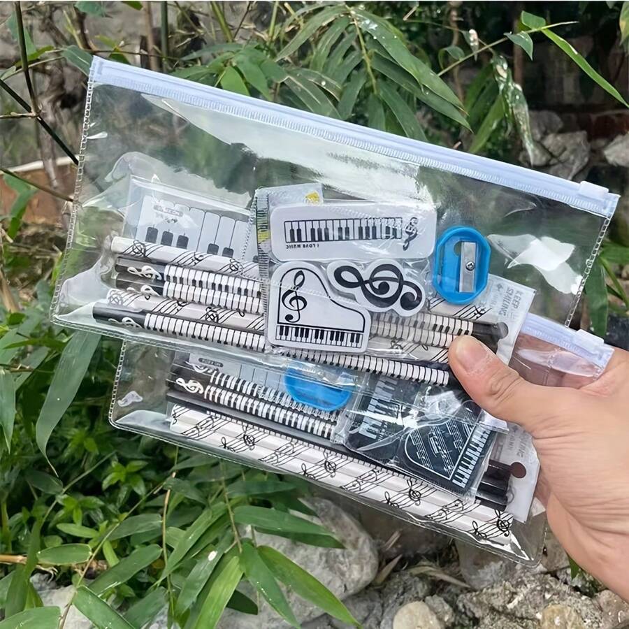 Conjunto de 8 lápices con notas de música de piano (color aleatorio) - Blanco y Negro - Ver 1