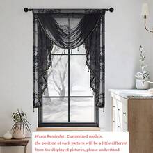 1片黑色牡丹花透明花邊窗簾帶飾珠飾瀑布坎肩，優雅掛袋式廚房咖啡廳窗簾坎肩，適用於窗戶裝飾（提示：自訂模型，每個圖案的位置與顯示的圖片略有不同。） - 黑色 - 查看 2