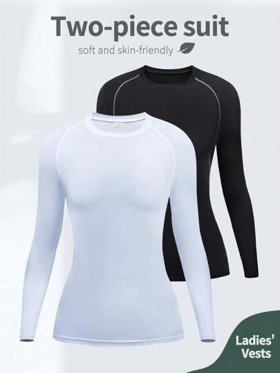 2pcs Women's Slim Fit Basic Solid Color Long Sleeve Sports Base Layer, Comfortable Fit, Long Style For Yoga, Tennis, Running