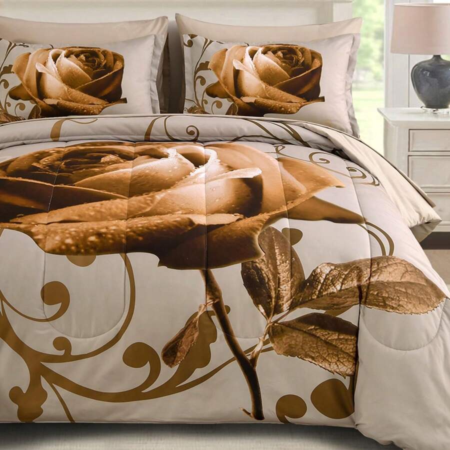 7 Pieces Brown Comforter Set Queen King Size , Rose Pattern Bed In A Bag, Lightweight Soft Microfiber Bedding Sets With Comforter, Flat Sheet, Fitted Sheet, Pillowcases(90"X90",103"X90") - 棕色 - 查看 1