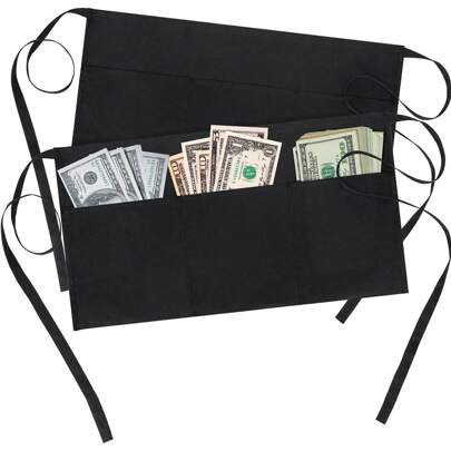 1pc Waterproof Waitress Apron With 3 Pockets, Black, For Cooking, Cleaning, Baking, Serving, Arts & Crafts, Costume, Party, Cafe, Restaurant, Bar, School Cafeteria Use, Easy To Wear And Tie Around Waist