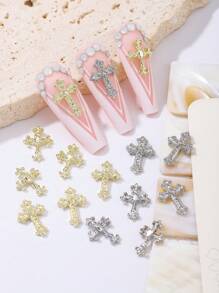 10 piezas/50 piezas Decoraciones de uñas de metal con cruz vintage en oro y plata, Accesorios de uñas DIY con brillos metálicos y rhinestones estilo Y2K, Adecuado para mujeres y niñas, Suministros de arte de uñas, Pegatinas de uñas, Joyería de uñas, Gemas de uñas - Multicolor - Ver 3
