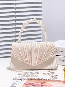 Sparkling And Classic Satin Pleated Evening Bag With Handmade Faux Pearl Handle And Metal Chain, Perfect For Parties, Weddings, Birthday Gifts, Valentine Gifts, And Elegant Women On-The-Go., Elegant Pearl Clutch, Prom Bag