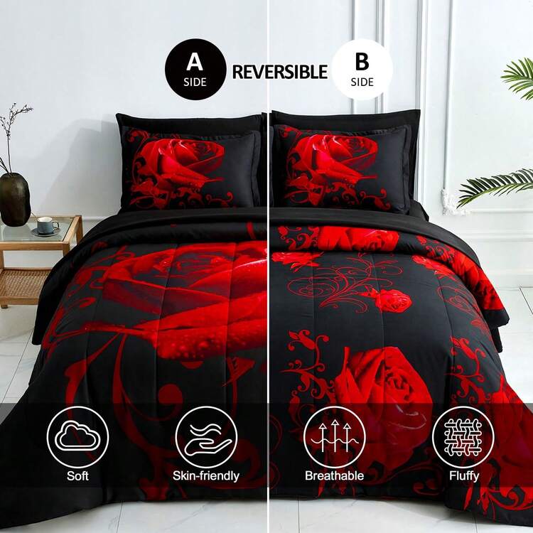 7 Pieces Red Comforter Set Queen King Size , Rose Pattern Bed In A Bag, Lightweight Soft Microfiber Bedding Sets With Comforter, Flat Sheet, Fitted Sheet, Pillowcases Home Decor Room Decor Bedroom Decor Bed Comforter Set Mothers Day Gift Wedding Decorations. - 紅色 - 查看 2