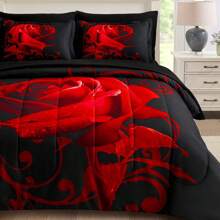 7 Pieces Red Comforter Set Queen King Size , Rose Pattern Bed In A Bag, Lightweight Soft Microfiber Bedding Sets With Comforter, Flat Sheet, Fitted Sheet, Pillowcases Home Decor Room Decor Bedroom Decor Bed Comforter Set Mothers Day Gift Wedding Decorations. - 紅色 - 查看 1