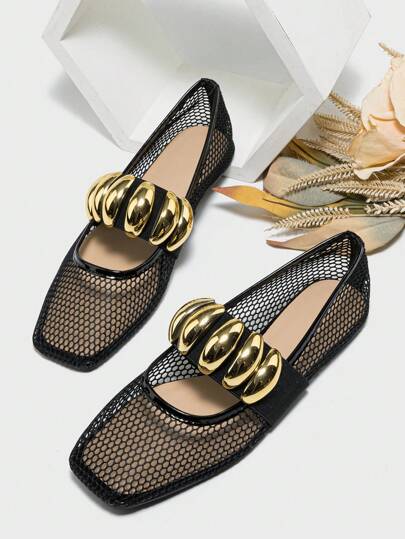 Summer Women's Hollow Breathable Fishnet Loafers With Elastic Strap & Metal Decoration, Mary Jane Black Flat Shoes