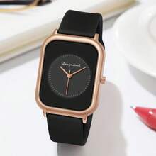 1pc Women's Cute Compact Minimalist Elegant Fashion Rectangular Case Silicone Strap Quartz Wrist Watch, Black, For Women Daily Sports Wear
