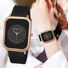 1pc Women's Cute Compact Minimalist Elegant Fashion Rectangular Case Silicone Strap Quartz Wrist Watch, Black, For Women Daily Sports Wear