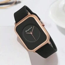1pc Women's Cute Compact Minimalist Elegant Fashion Rectangular Case Silicone Strap Quartz Wrist Watch, Black, For Women Daily Sports Wear