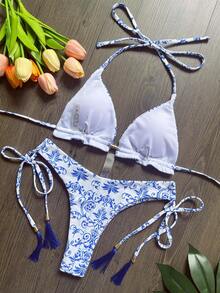 Bộ bikini mùa hè dành cho nữ, họa tiết hoa, cổ yếm, gợi cảm, gồm hai phần bikini riêng biệt, thích hợp cho kỳ nghỉ. - Nhiều màu - Xem 2