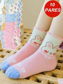 10 Pares Niños Jóvenes Calcetines De Patrón de Conejo Con Borde Enrollado - Rosa - Ver 1