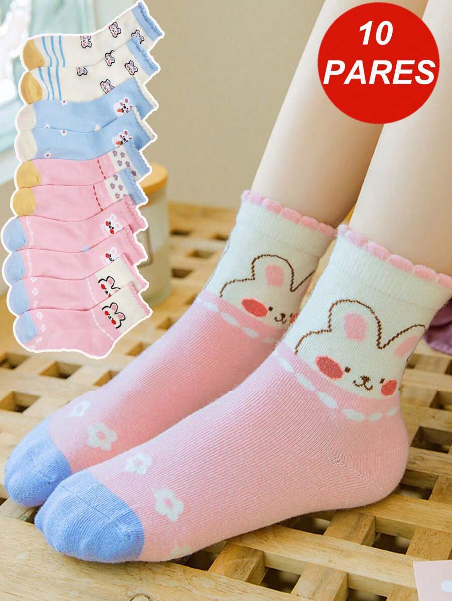 10 Pares Niños Jóvenes Calcetines De Patrón de Conejo Con Borde Enrollado - Rosa - Ver 1