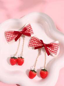 2 件/对白色蕾丝红格子蝴蝶结草莓边发夹，可爱草莓边发夹情人节情人爪夹发夹发夹