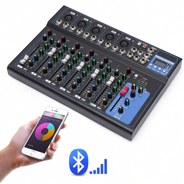 Tragbarer Mischpult Bluetooth mit USB Anschluss DJ Controller Live Studio Audio Mischpult DJ Konsole Verstärke 7-Kanal-Eingang 6 Musikmodi für Aufnahmestudio DJ Mixer Konsole