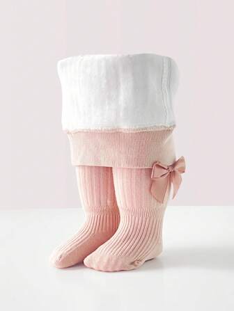 1件儿童婴儿幼儿加厚保暖连裤袜，女童蝴蝶装饰踩脚裤，适合冬季新生儿