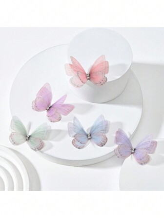 100入組五彩綜合裝飾配件，裝飾有雙鑽石的網紗蝴蝶裝飾，適用於裝飾衣服、髮夾、頭飾、手工裝飾場景