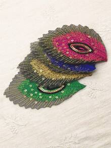 4pcs Peacock Feather Shaped Embroidery Patch With Adhesive Backing, Hot Melt Glue Clothing Accessory For DIY Crafts - Multicolor - View 5