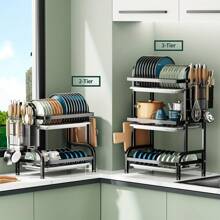 Escurridor de cocina de 2/3 niveles premium | Diseño resistente y ahorra espacio con soporte para utensilios y ranura para tabla de cortar