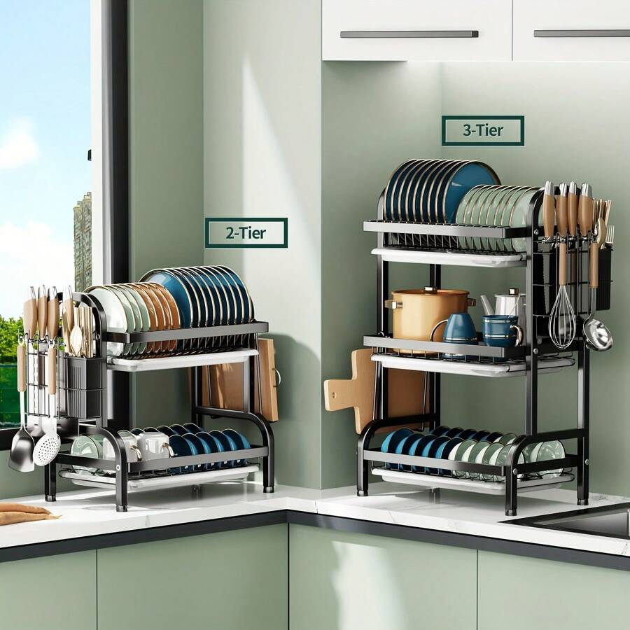 Escurridor de cocina de 2/3 niveles premium | Diseño resistente y ahorra espacio con soporte para utensilios y ranura para tabla de cortar