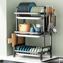 Escurridor de cocina de 2/3 niveles premium | Diseño resistente y ahorra espacio con soporte para utensilios y ranura para tabla de cortar